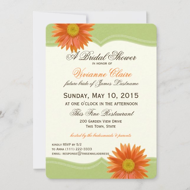 Invitation Fête des mariées de marguerite verte et orange (Devant)