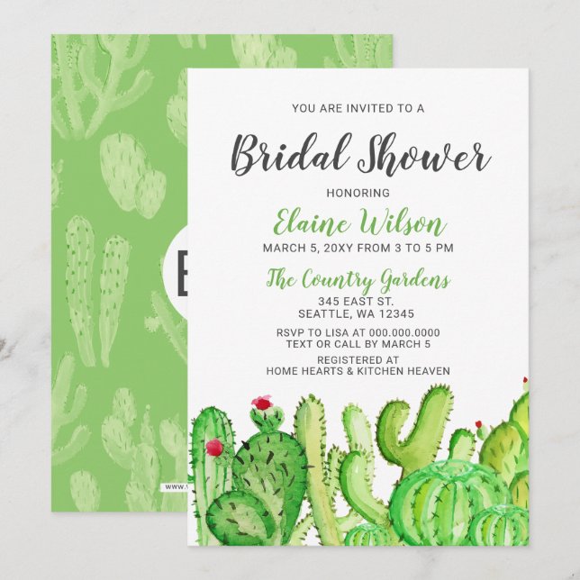 Invitation Fête des mariées de Mariage de cactus rustiques (Devant / Derrière)