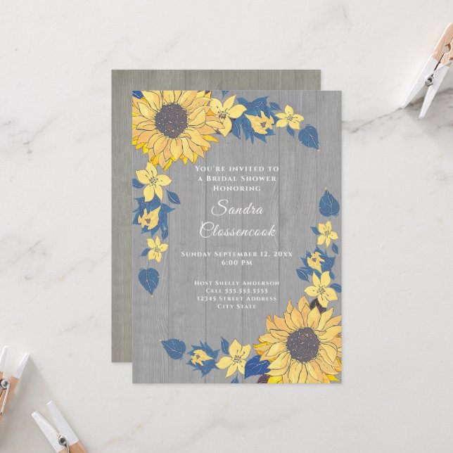 Invitation Fête des mariées de Mariage de tournesol gris rust (Devant/Arrière en situation)
