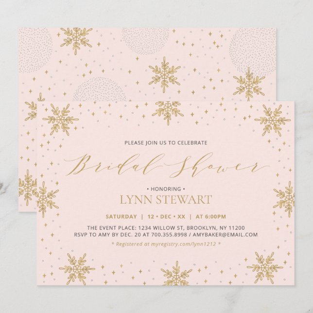 Invitation Fête des mariées de Mariage Gold & Pink Winter Sno (Devant / Derrière)