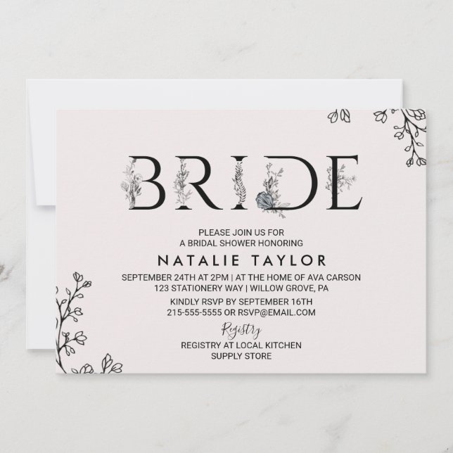 Invitation Fête des mariées de mariée de typographie florale (Devant)