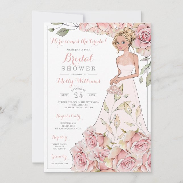 Invitation Fête des mariées de mariée rose roses (Devant)