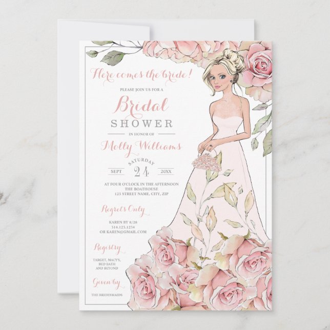 Invitation Fête des mariées de mariée rose roses (Devant)