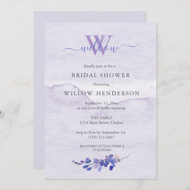 Invitation Fête des mariées de monogramme d'aquarelle violet (Devant / Derrière)