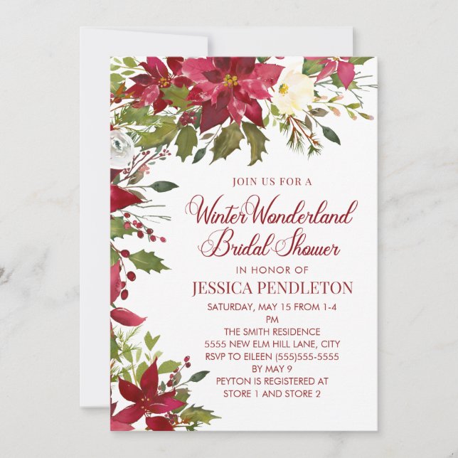 Invitation Fête des mariées de Noël d'hiver Red Poinsettias (Devant)