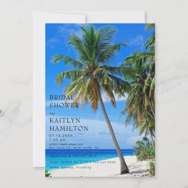 Invitation Fête des mariées de palmiers de plage tropicale es (Devant)