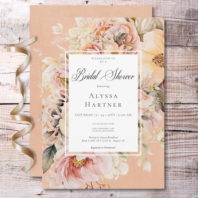 Invitation Fête des mariées de pêche romantique aux Roses ros (Romantic Pink & Blush Roses Peach Bridal Shower Invitation)
