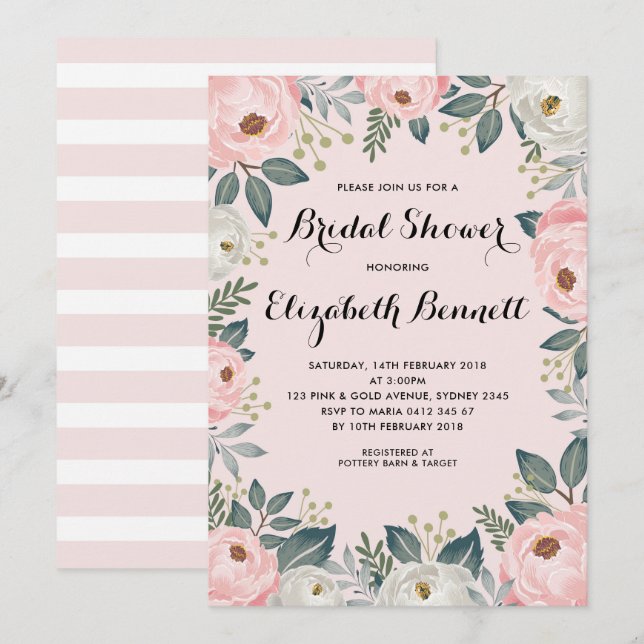 Invitation Fête des mariées de pivoine florale rose feminine (Devant / Derrière)