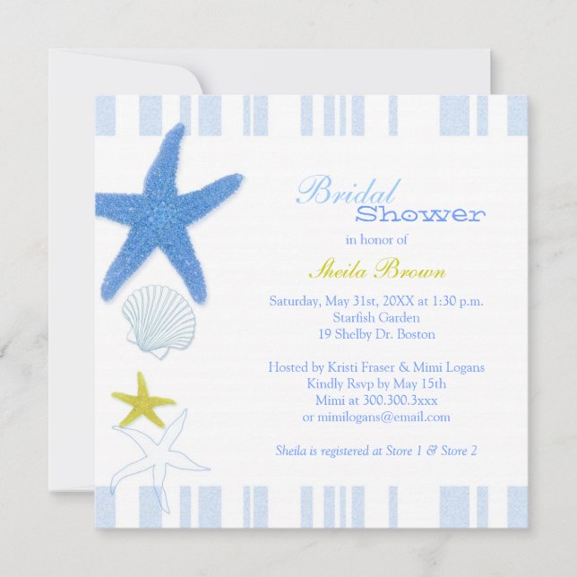 Invitation Fête des mariées de plage Blue Starfish & Stripes (Devant)