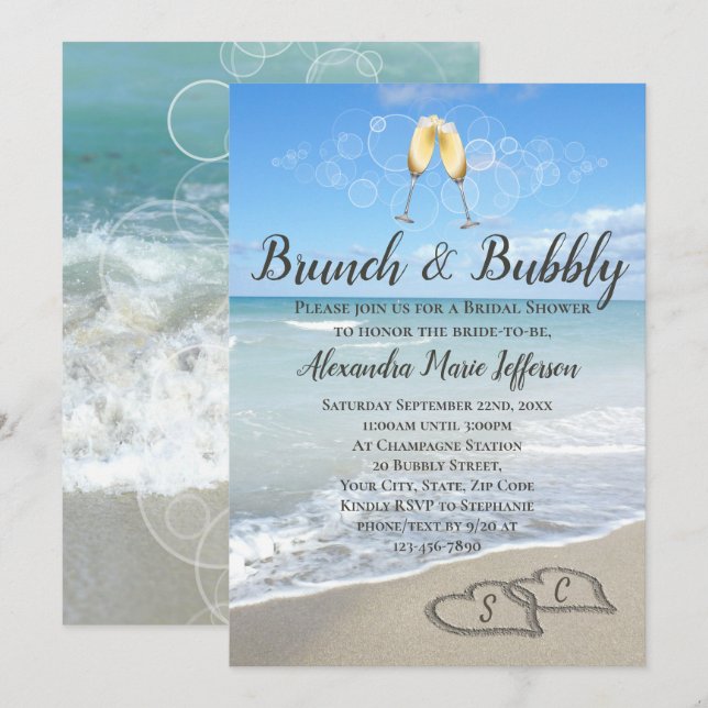Invitation Fête des mariées de plage de Brunch et Bubbly Sand (Devant / Derrière)