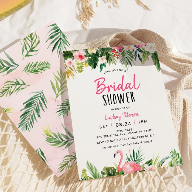 Invitation Fête des mariées de plage de Flamant rose tropical (Créateur téléchargé)