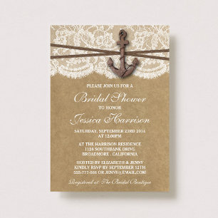 Invitation Fête des mariées de plage Kraft, dentelle et Ancre
