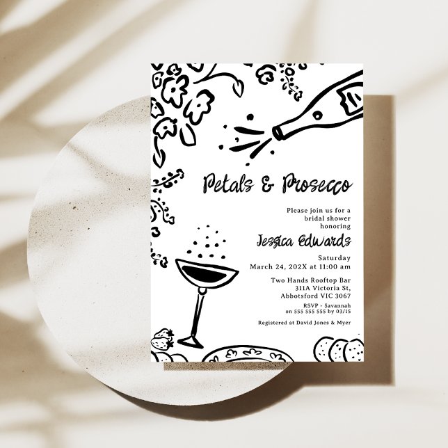 Invitation Fête des mariées de poursuite pétale noir Whimsica (Whimsical Hand Drawn Petal Prosecco Bridal Shower Invitation, Black White, Trendy Bridal Shower )
