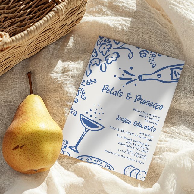Invitation Fête des mariées de poursuites pétales dessinées e (Whimsical Petals and Prosecco Bridal Shower Invitation Trendy Blue Line Drawn Bridal Shower Invite, )