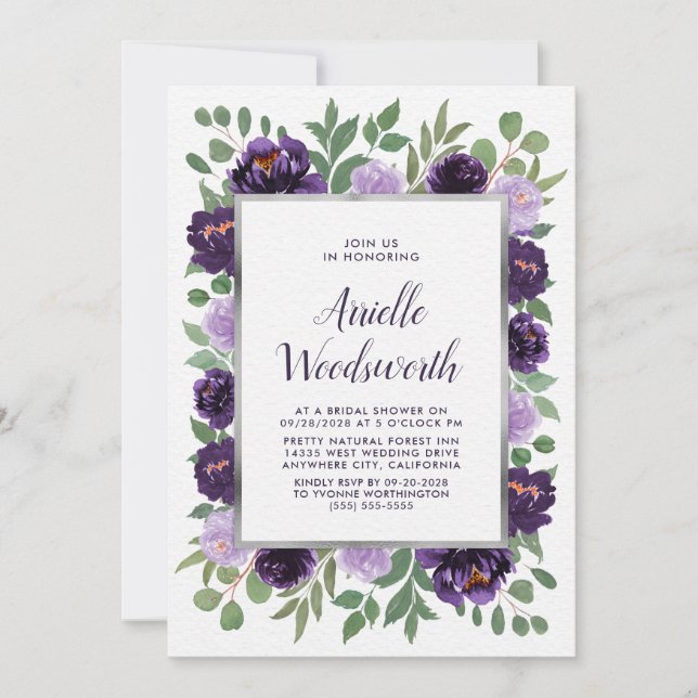 Invitation Fête des mariées de prune d'aquarelle florale d'ar (Devant)