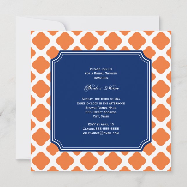 Invitation Fête des mariées de Quatrefoil bleu orange et roya (Devant)