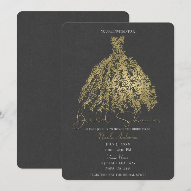 Invitation Fête des mariées de robe Botanique Gold & Dark Gre (Devant / Derrière)