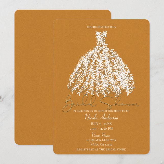 Invitation Fête des mariées de robe de feuille d'or jaune (Devant / Derrière)
