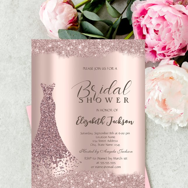 Invitation Fête des mariées de robe dorée Rose à cadre étince (Créateur téléchargé)