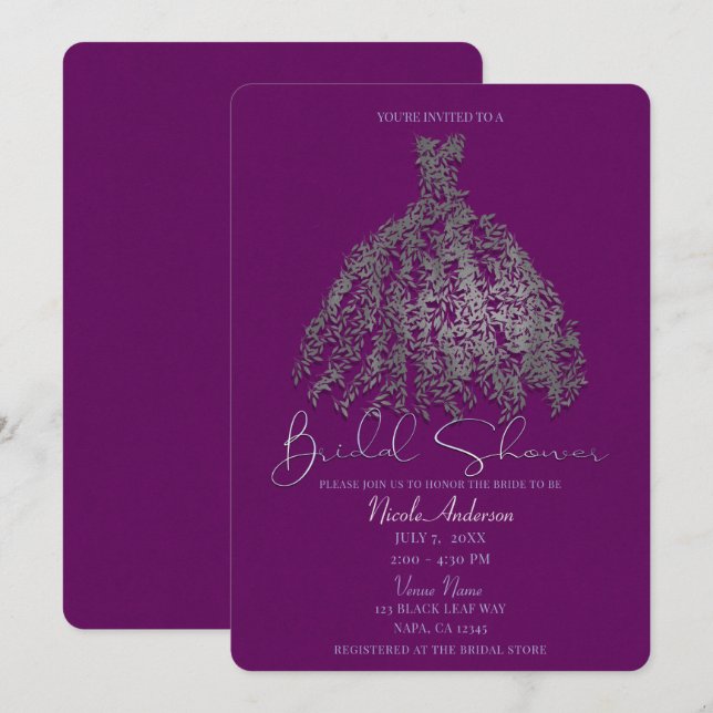 Invitation Fête des mariées de robe Feuille en argent violet (Devant / Derrière)