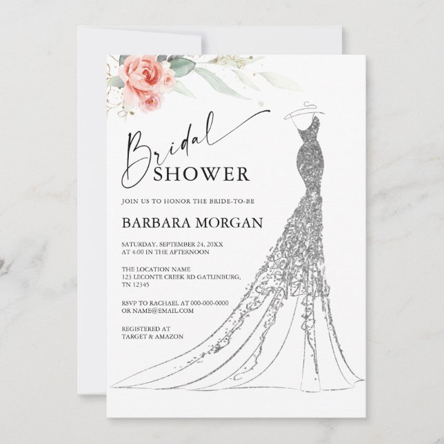 Invitation Fête des mariées de robe Mariage rose et argent (Devant)