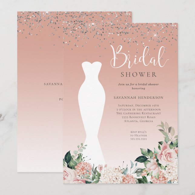 Invitation Fête des mariées de robe Mariage rose étincelle (Devant / Derrière)
