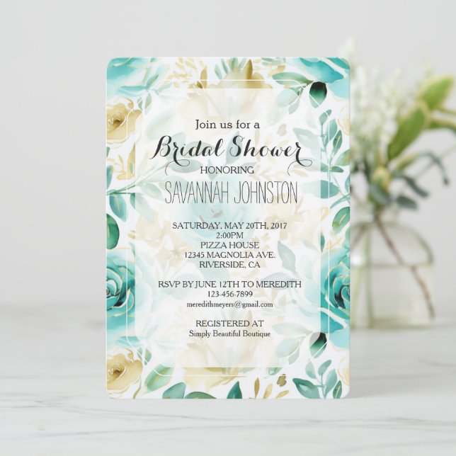 Invitation Fête des mariées de Rose Aqua Mint White Cream Gol (Debout devant)