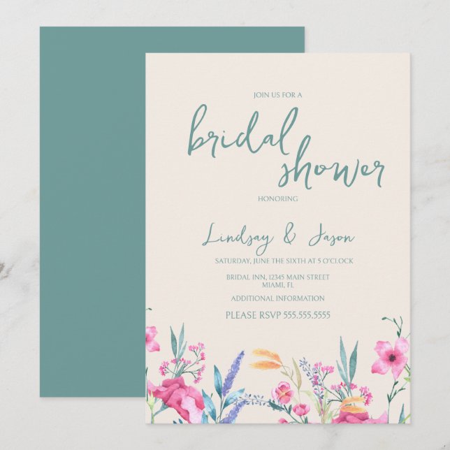 Invitation Fête des mariées de script du mélange de fleurs sa (Devant / Derrière)