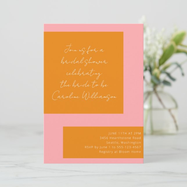 Invitation Fête des mariées de script géométrique rose orange (Debout devant)