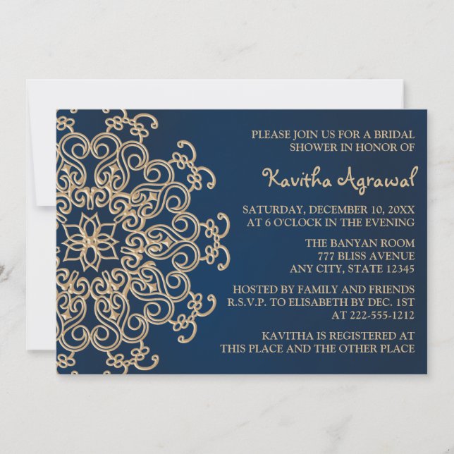 Invitation Fête des mariées de style bleu marine et or indien (Devant)