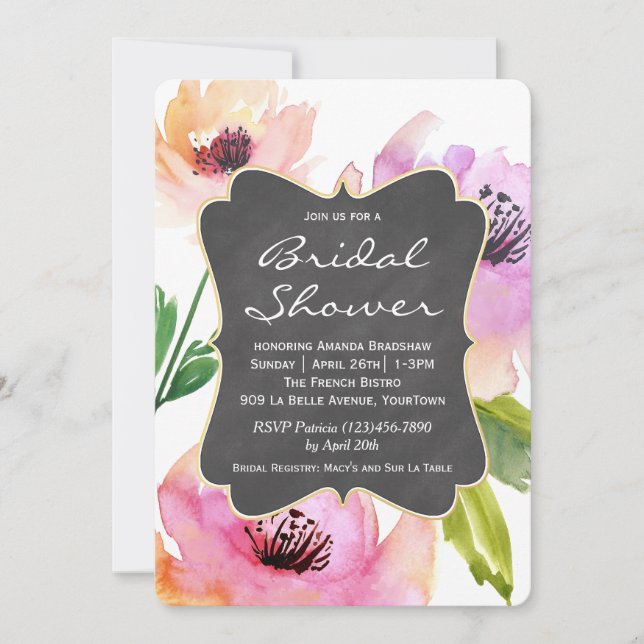 Invitation Fête des mariées de tableau de bord floral aquarel (Devant)