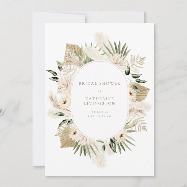 Invitation Fête des mariées de texte Boho Pampas moderne Whit (Devant)