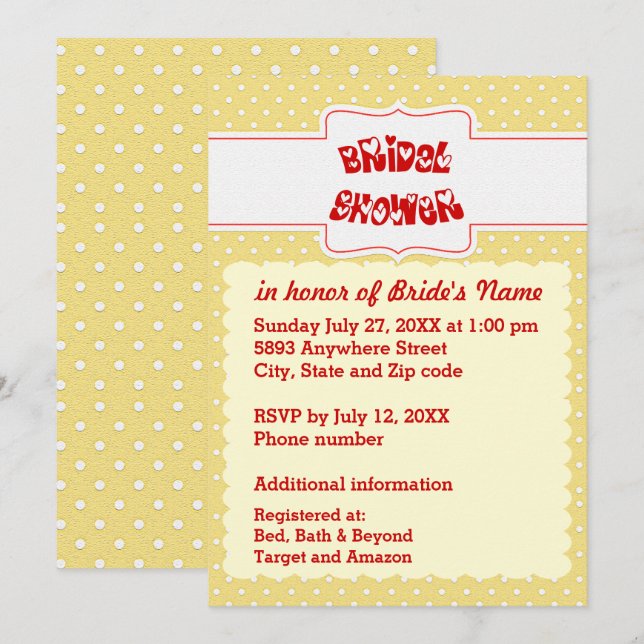 Invitation Fête des mariées de texte Coeur Pois jaune et blan (Devant / Derrière)