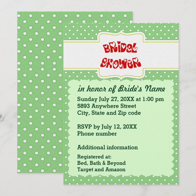 Invitation Fête des mariées de texte Coeur Pois vert et blanc (Devant / Derrière)