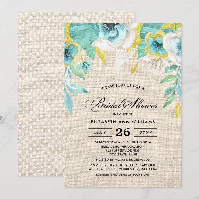 Invitation Fête des mariées de texture de Burlap Floral Jaune (Devant / Derrière)
