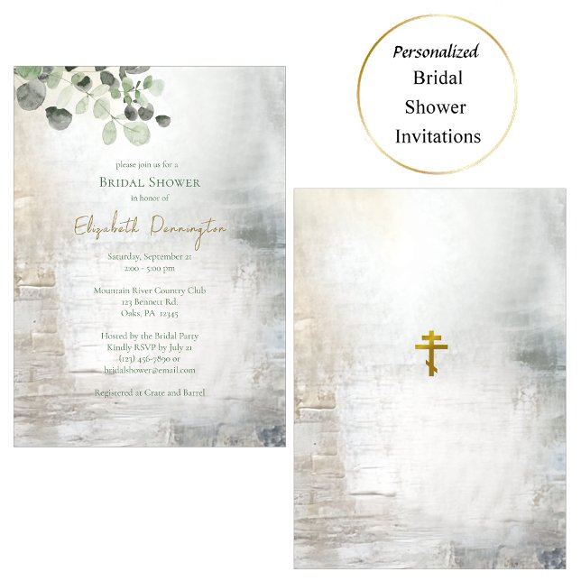Invitation Fête des mariées de texture d'or gris Eucalyptus (Créateur téléchargé)
