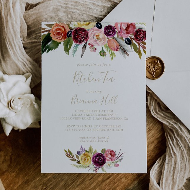 Invitation Fête des mariées de thé Floral Boho Or (Créateur téléchargé)