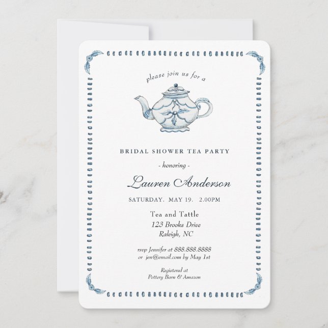 Invitation Fête des mariées de théière bleue et blanche (Devant)