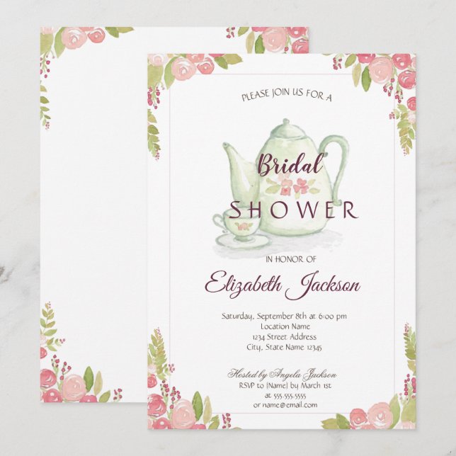 Invitation Fête des mariées de théière Fleurs Chic (Devant / Derrière)