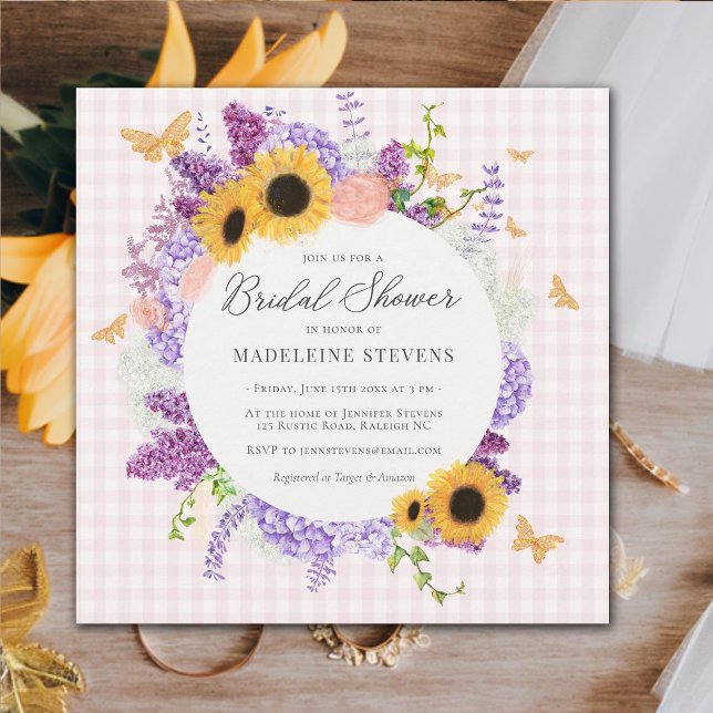 Invitation Fête des mariées de tournesol à papillon rustique  (rustic butterfly bridal shower invitation pink gingham sunflower hydrangea lilac wreath gold elegant)