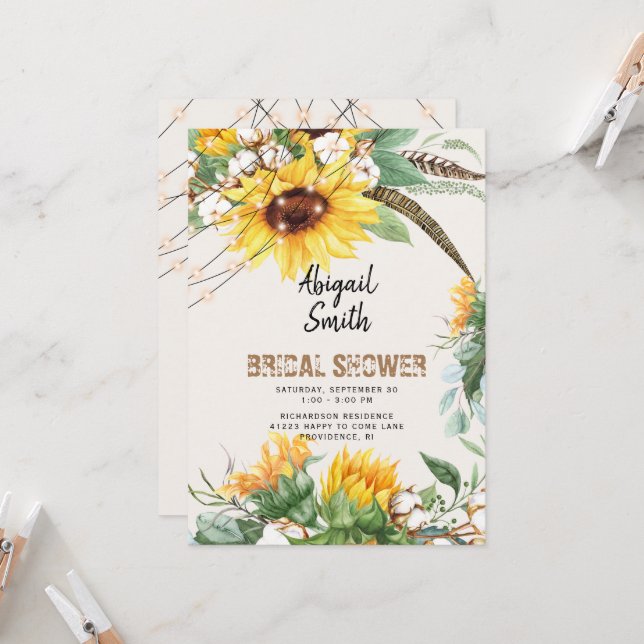Invitation Fête des mariées de tournesol Boho Rustic Lights (Devant/Arrière en situation)