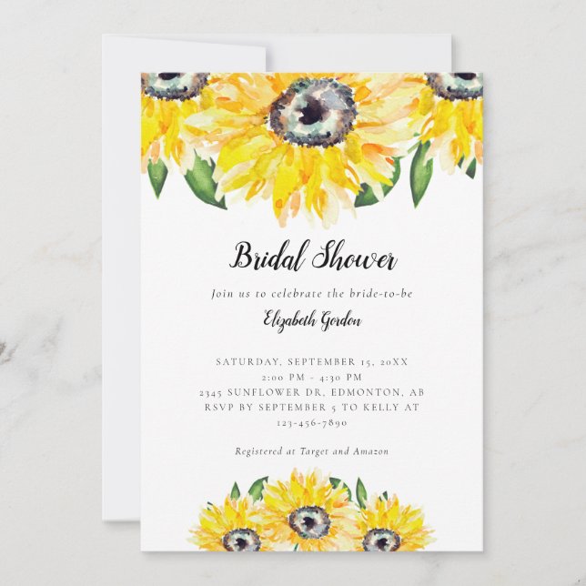 Invitation Fête des mariées de tournesol Elégant aquarelle ch (Devant)