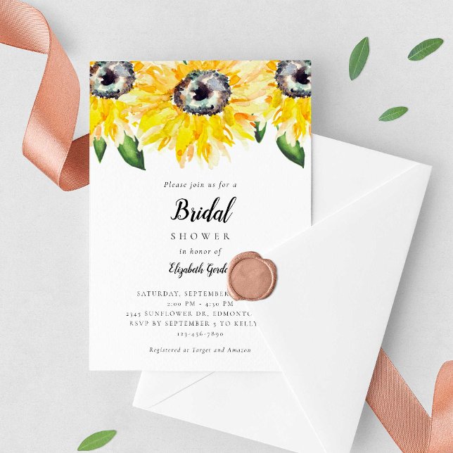 Invitation Fête des mariées de tournesol Élégant Script Aquar (Créateur téléchargé)