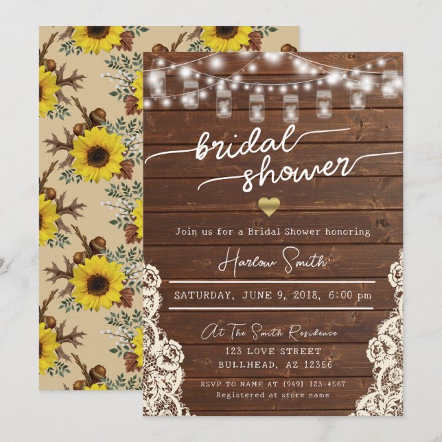 Invitation Fête des mariées de tournesol en bois rustique (Devant / Derrière)