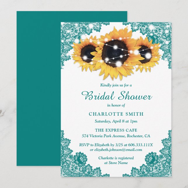 Invitation Fête des mariées de tournesol en dentelle turquois (Devant / Derrière)