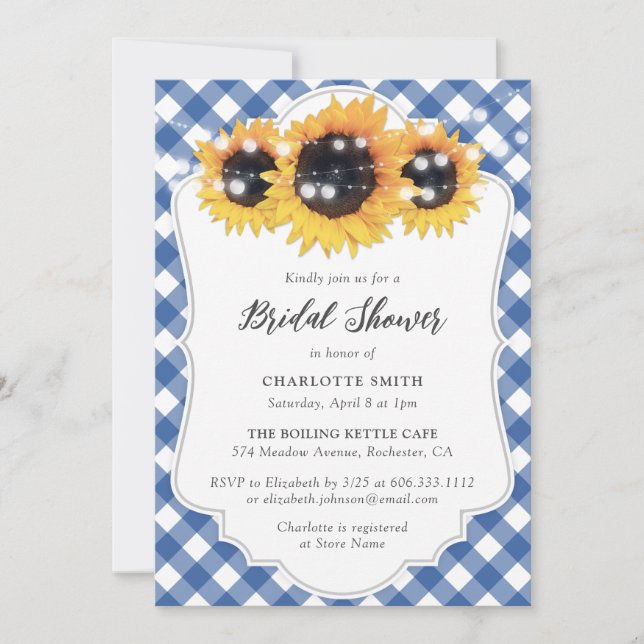 Invitation Fête des mariées de tournesol En vichy bleu rustiq (Devant)