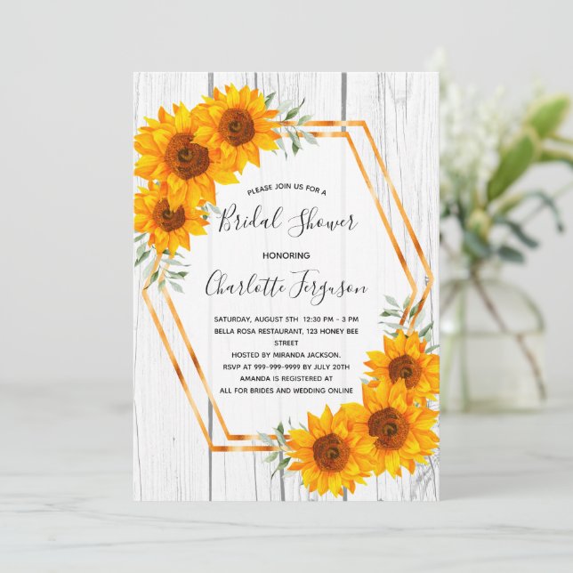 Invitation Fête des mariées de tournesol or rustique géométri (Debout devant)