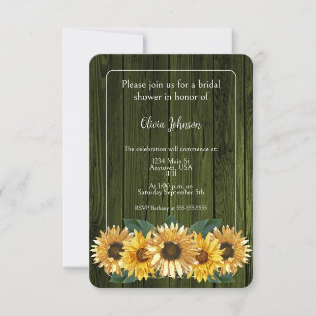 Invitation Fête des mariées de tournesol vert rustique (Devant)