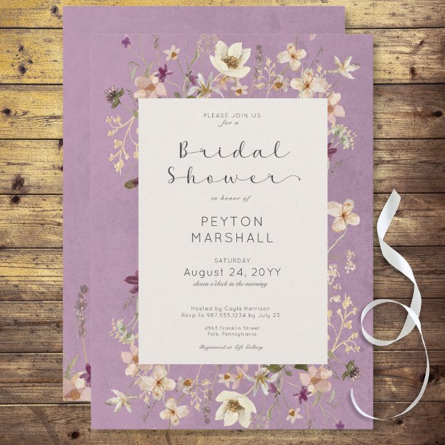 Invitation Fête des mariées de trame Fleur sauvage violet rus (Rustic Purple Wildflower Frame Bridal Shower Invitation)