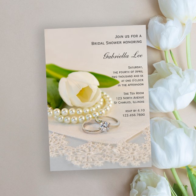 Invitation Fête des mariées de tulipe blanche, perles et anne (Créateur téléchargé)